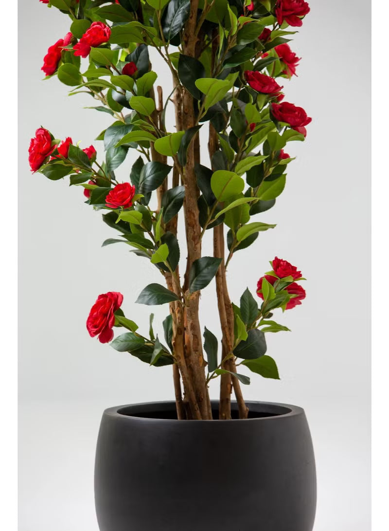 Red Artificial Camellia Plant with Natural Wooden Trunk